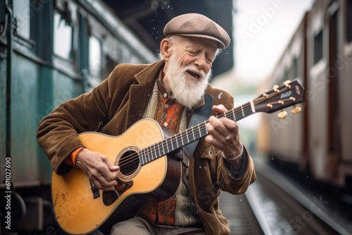 Environmental portrait photography of a glad old man playing the guitar against a historic train background. With generative AI technology