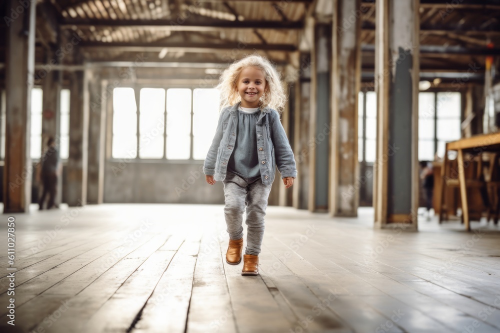 Medium shot portrait photography of a grinning kid female walking against a spacious loft background. With generative AI technology Medium shot portrait photography of a grinning kid female walking against a spacious loft background. With generative AI technology