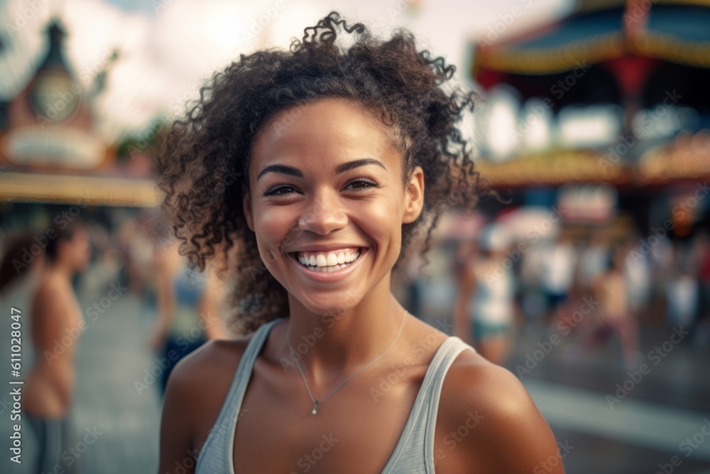 Medium shot portrait photography of a happy girl in her 30s working out against a crowded amusement park background. With generative AI technology Medium shot portrait photography of a happy girl in her 30s working out against a crowded amusement park background. With generative AI technology