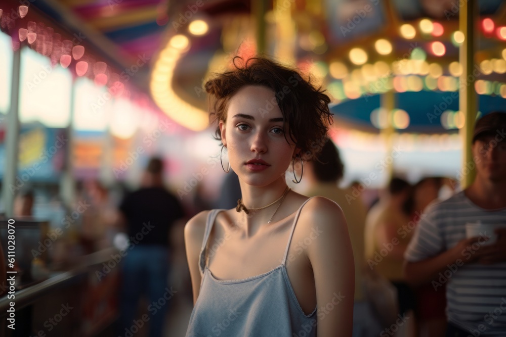 Environmental portrait photography of a tender girl in her 30s having breakfast against a crowded amusement park background. With generative AI technology Environmental portrait photography of a tender girl in her 30s having breakfast against a crowded amusement park background. With generative AI technology