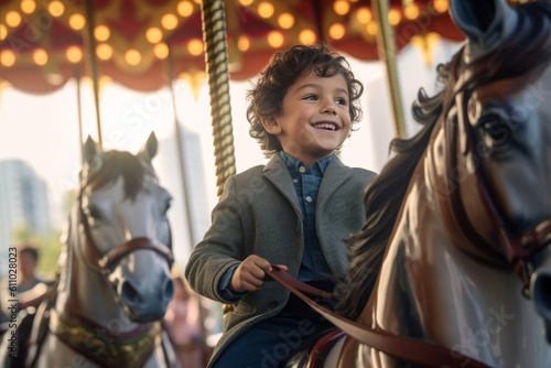 Lifestyle portrait photography of a glad kid male riding a horse against a crowded amusement park background. With generative AI technology