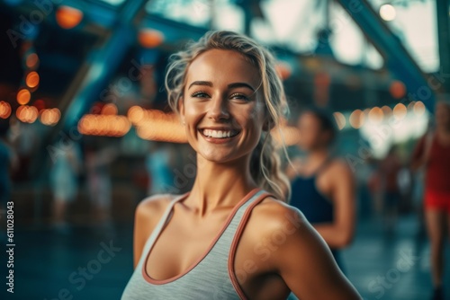 Medium shot portrait photography of a happy girl in her 30s working out against a crowded amusement park background. With generative AI technology