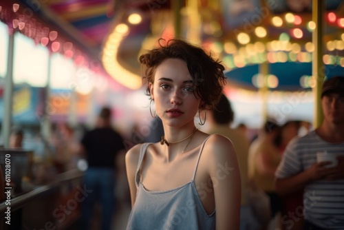 Environmental portrait photography of a tender girl in her 30s having breakfast against a crowded amusement park background. With generative AI technology © Markus Schröder