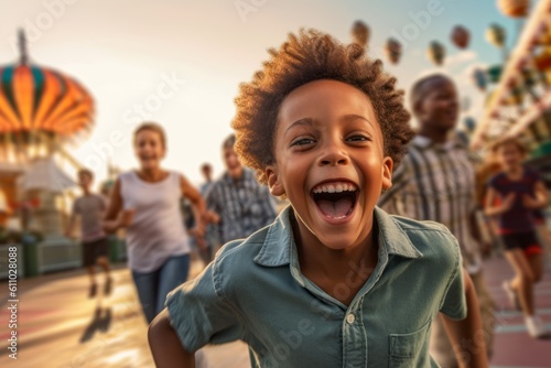 Environmental portrait photography of a joyful mature boy running against a crowded amusement park background. With generative AI technology