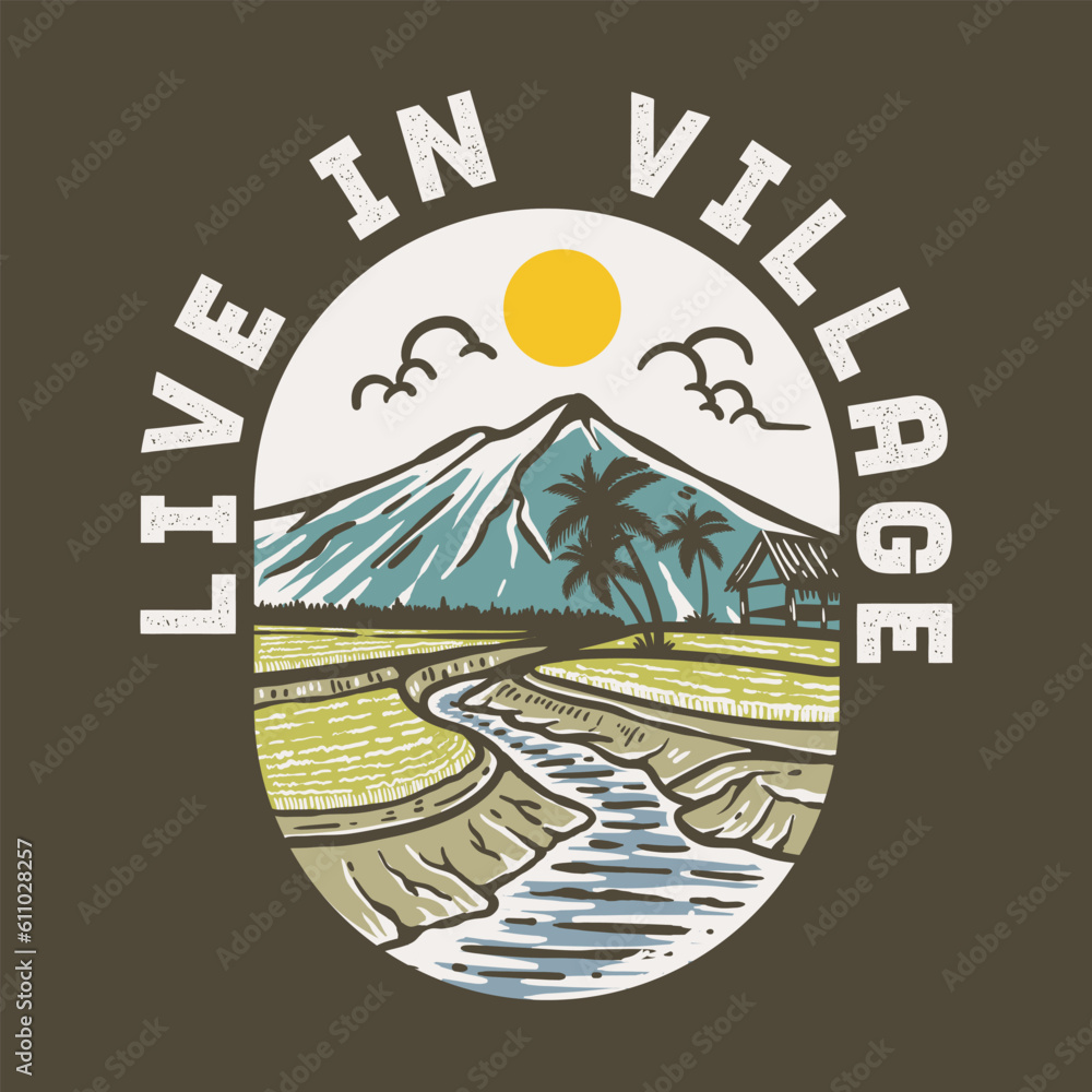 illustration of mountain and rice field landscape in vintage style illustration of mountain and rice field landscape in vintage style