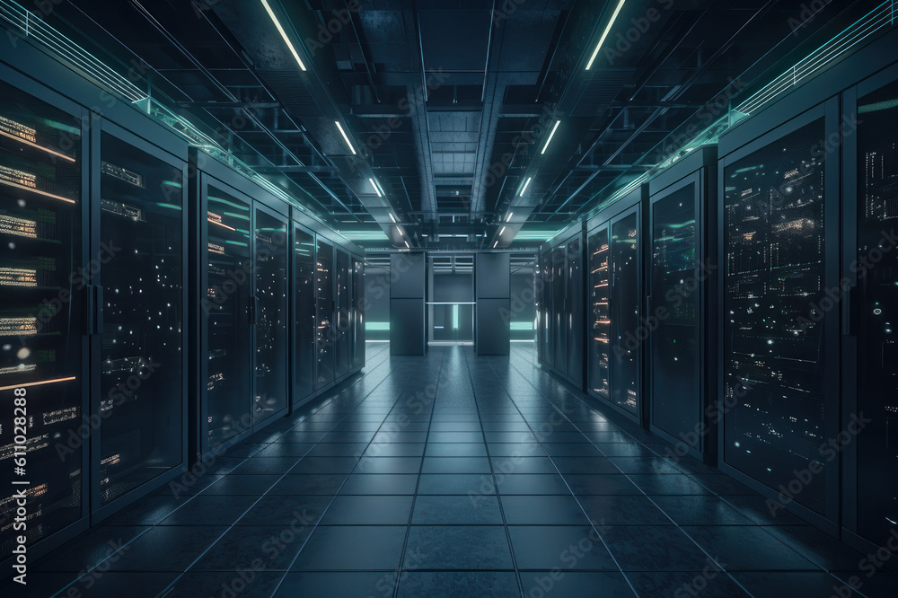Server room in the data center. IT technology concept. AI generative. Server room in the data center. IT technology concept. AI generative.