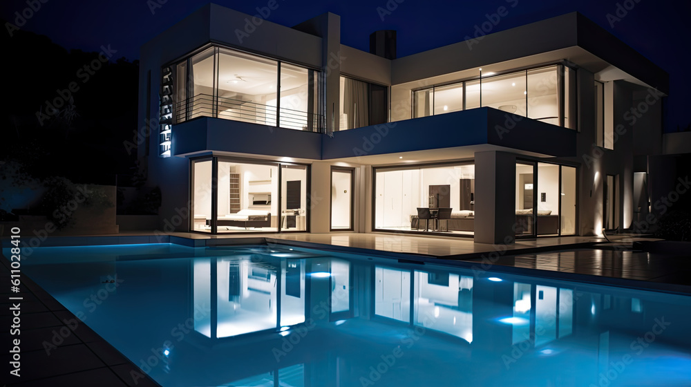a luxury villa with an illuminated pool at night. Generative AI