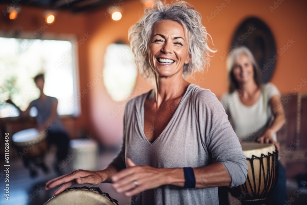 Medium shot portrait photography of a happy mature girl playing the drum against a peaceful yoga studio background. With generative AI technology