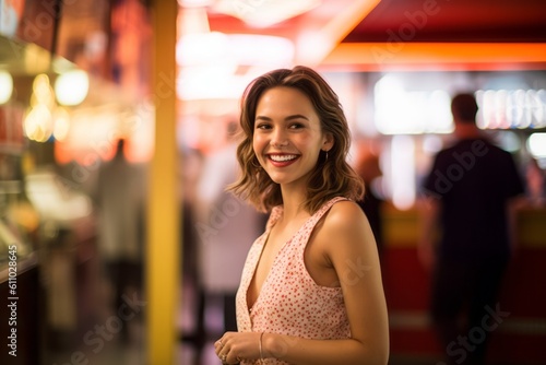 Medium shot portrait photography of a grinning girl in her 30s walking against a classic diner background. With generative AI technology