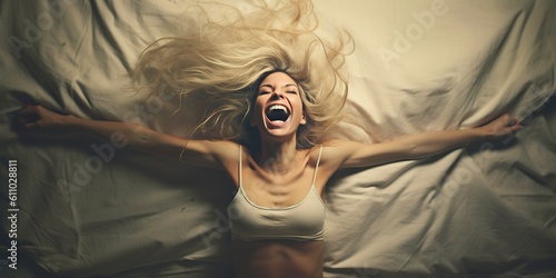 woman experiencing pleasure and happiness. Her facial expression reflects the orgasm she is experiencing. Generative AI
