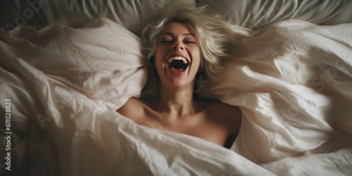 woman experiencing pleasure and happiness. Her facial expression reflects the orgasm she is experiencing. Generative AI photo