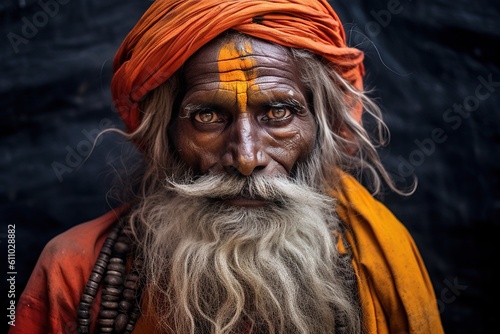 An Indian sadhu, immersed in deep meditation, sits motionless, embodying spiritual devotion, renunciation, and detachment from worldly desires. Generative AI photo