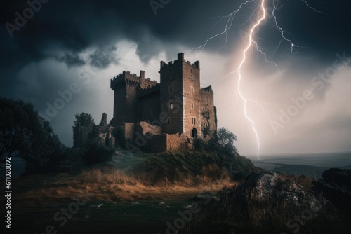 old castle, surrounded by mist and stormy sky, with lightning bolts striking, created with generative ai