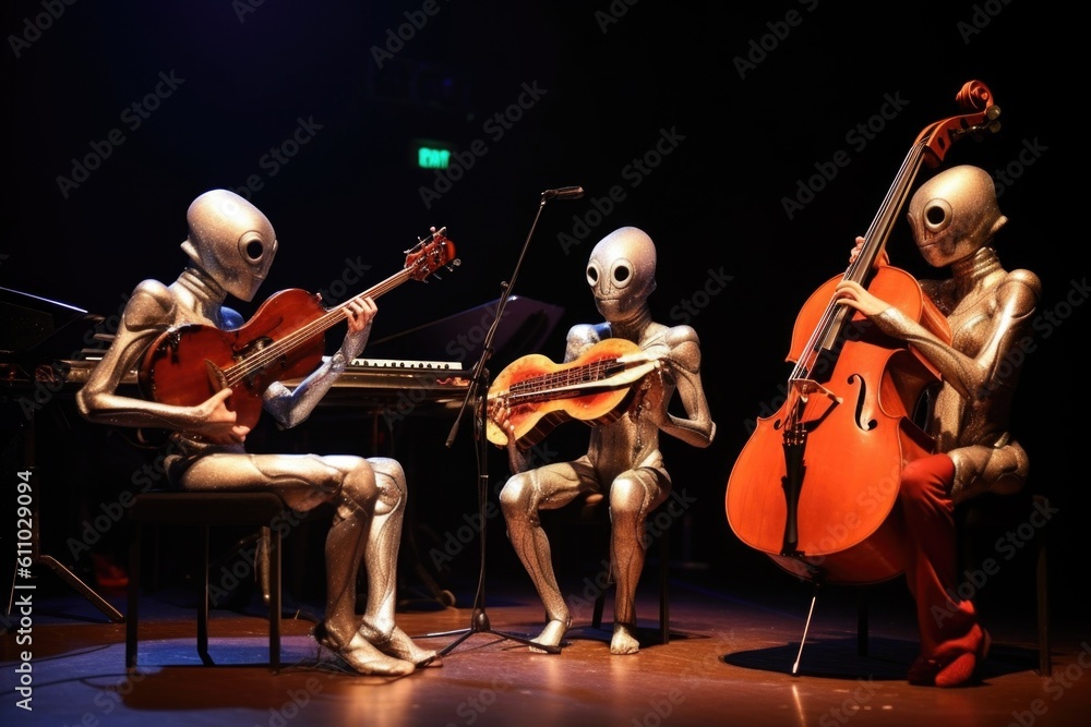 Fototapeta premium a trio of alien musicians playing their instruments in harmony at a concert hall, created with generative ai