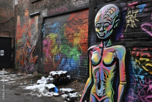 alien figure spray-painted on brick wall, with other graffiti and street art in the background, created with generative ai © altitudevisual