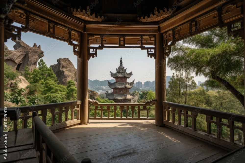 silent, empty pagoda garden with a view of the distant mountains, created with generative ai
