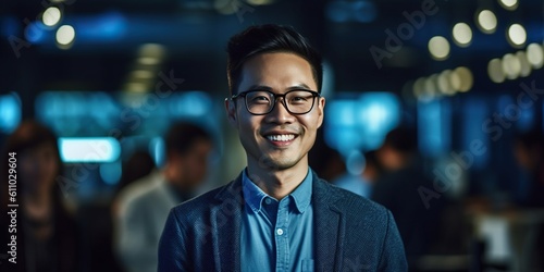 Handsome chinese male Software Developer in a modern office, radiating confidence with a subtle smile. Embodies expertise and innovation in the fast-paced tech industry. Generative AI