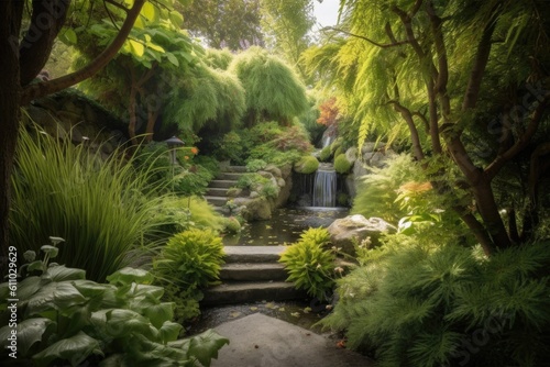 a beautiful and serene garden  with a trickling waterfall  surrounded by peaceful greenery  created with generative ai
