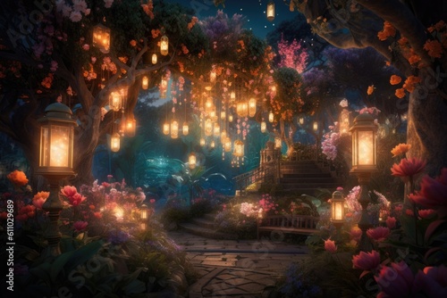 magical garden with blooming flowers  glittering lanterns  and enchanting music  created with generative ai