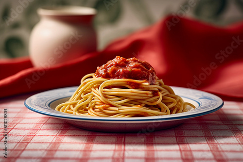 traditional italian spaghetti bolognese with tomato sauce on a plate and a red checked tablecloth, created with generative ai photo