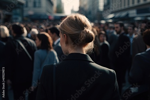 Professional Businesswoman in the Crowd. Businesspeople in Urban Motion in Blurred city Background