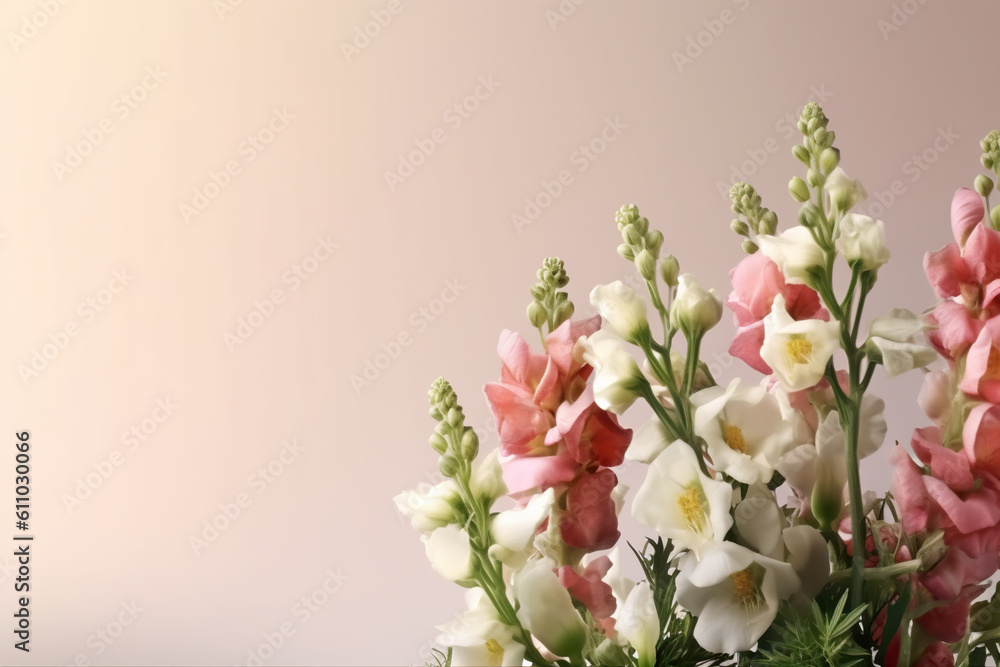 A vase filled with pink and white flowers. Generative AI. Copy space, place for text.