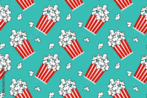 Popcorn red and white striped bucket seamless pattern on blue background. vector illustration cartoon style