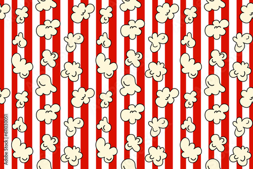 Popcorn seamless pattern on red and white color striped background. vector illustration cartoon style