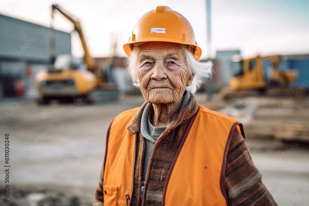 Environmental portrait photography of a glad old woman walking against a busy construction site background. With generative AI technology Environmental portrait photography of a glad old woman walking against a busy construction site background. With generative AI technology