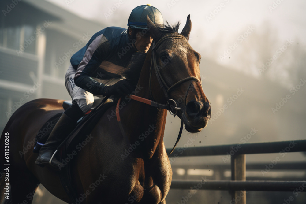 Obraz premium Horse races, jockey and his horse goes towards finish line, traditional European sport. generative ai
