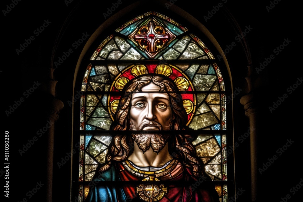 stained glass window, featuring the face of jesus, in a medieval church, created with generative ai