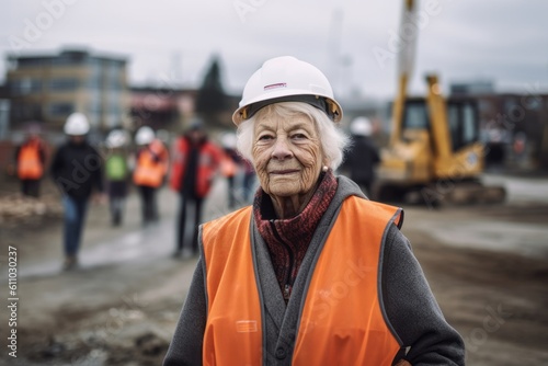 Environmental portrait photography of a glad old woman walking against a busy construction site background. With generative AI technology
