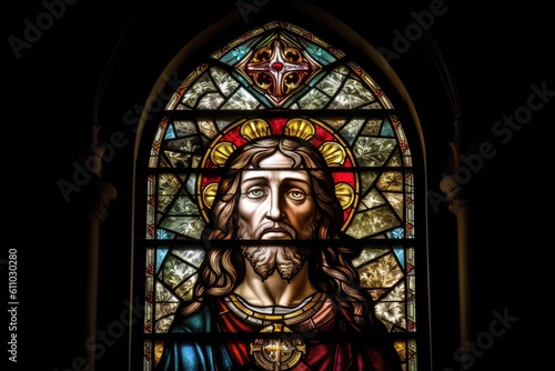 stained glass window, featuring the face of jesus, in a medieval church, created with generative ai