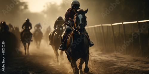 Horse races, jockey on horseback approaching the finish line, traditional European sport. generative ai