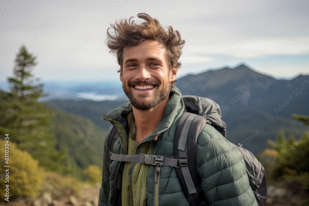 Lifestyle portrait photography of a happy boy in his 30s smiling against a scenic mountain trail background. With generative AI technology