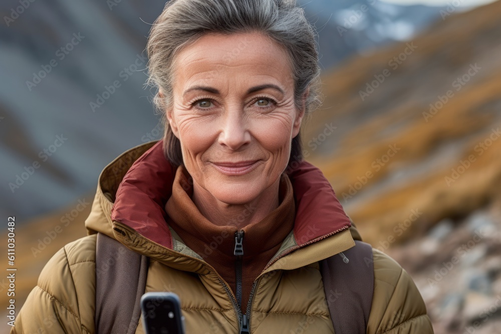 Close-up portrait photography of a satisfied mature girl using the mobile against a scenic mountain trail background. With generative AI technology