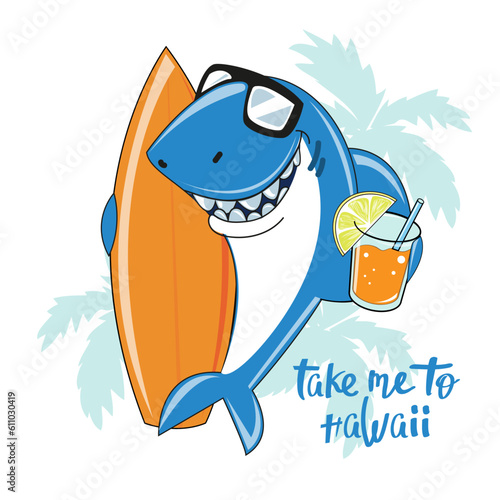 Funny cartoon shark with sunglasses and lettering time to relax on a white background. Summer concept for kids