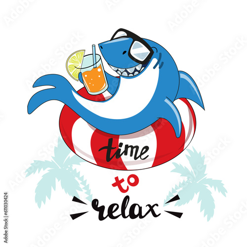 Funny cartoon shark with sunglasses and lettering time to relax on a white background. Summer concept for kids
