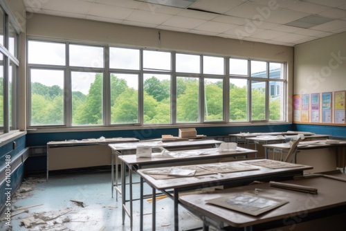 a teacher's empty classroom with a view of the school yard, desks visible through the windows, created with generative ai
