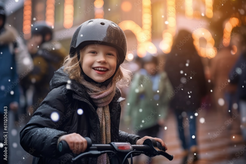 Medium shot portrait photography of a glad kid female riding an electric scooter against a festive parade background. With generative AI technology Medium shot portrait photography of a glad kid female riding an electric scooter against a festive parade background. With generative AI technology