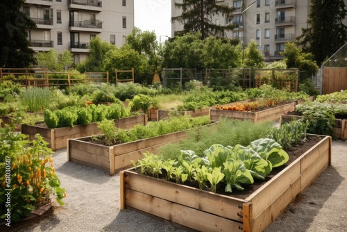 community garden, with vegetables and herbs growing in raised beds, created with generative ai