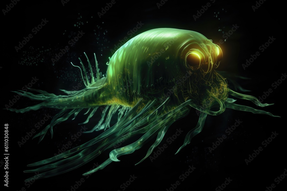 Obraz premium deep-sea creature, surrounded by glowing green light, swimming through the black depths, created with generative ai