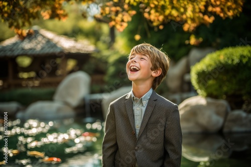 Environmental portrait photography of a joyful kid male laughing against a tranquil koi pond background. With generative AI technology © Markus Schröder