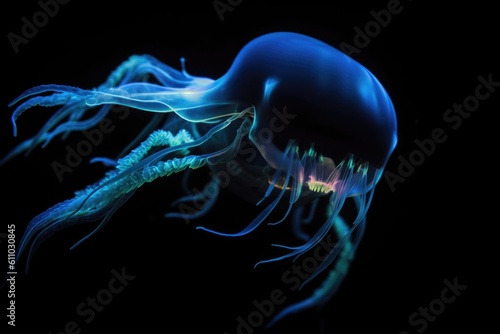 deep-sea creature waves its arms in mysterious bioluminescent dance, created with generative ai