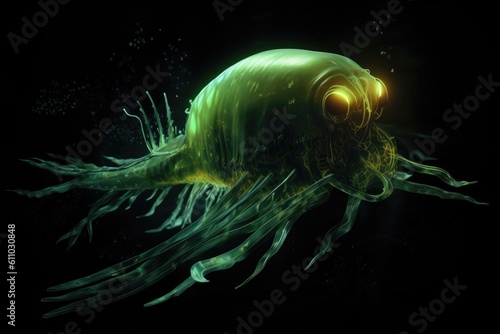 deep-sea creature, surrounded by glowing green light, swimming through the black depths, created with generative ai
