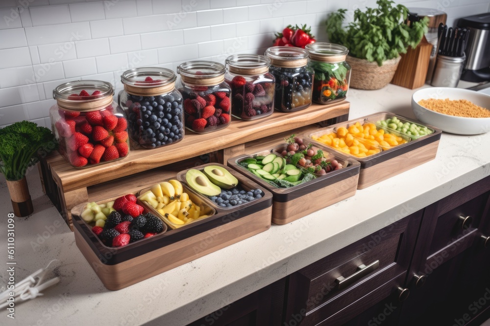 meal prep station with fresh fruits, vegetables, and spices for creating healthy and delicious meals, created with generative ai meal prep station with fresh fruits, vegetables, and spices for creating healthy and delicious meals, created with generative ai
