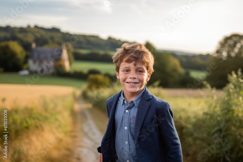 Medium shot portrait photography of a grinning kid male walking against a picturesque countryside background. With generative AI technology