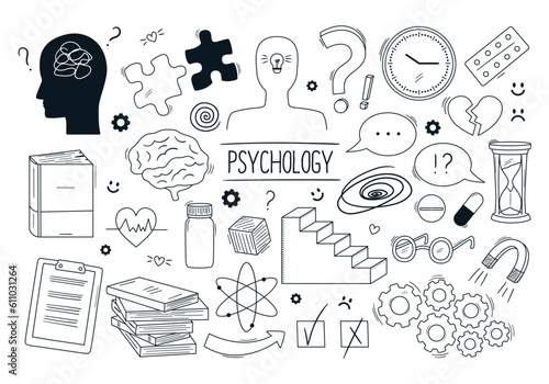 Set of hand drawn psychology vector doodles. Concept of mental health, psychotherapy, depression and anxiety treatment. Abstract human head, brain, books, clock and other outline icons.