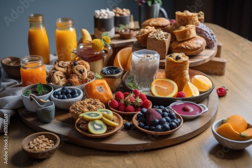 plant-based and vegan breakfast, with selections of pastries, fruits, and coffee, created with generative ai