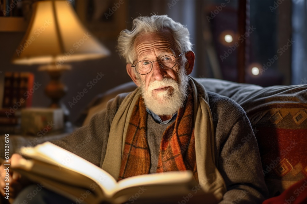 Photography in the style of pensive portraiture of a satisfied old man reading a book against a cozy bed and breakfast background. With generative AI technology Photography in the style of pensive portraiture of a satisfied old man reading a book against a cozy bed and breakfast background. With generative AI technology